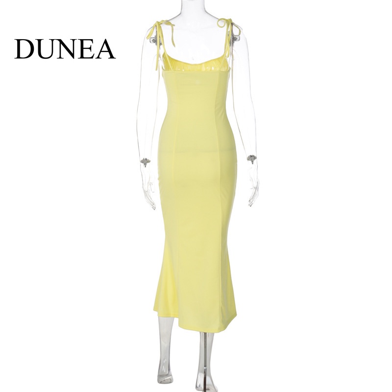 DUNEA Đầm Midi Cổ Khoét Sâu Phối Dây Thắt Phong Cách Ngọt Ngào Cho Nữ