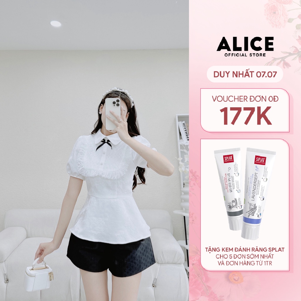 Áo Sơ Mi Gấm Tiểu Thư Cổ Ren Phối Nơ Tay Bồng ALICE Phong Cách Điệu Đà Nữ Tính, Phù Hợp Công Sở Đi Tiệc Dạo Phố A283