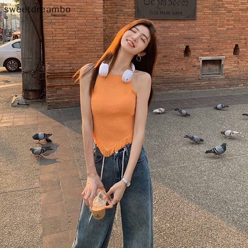 Áo Hai Dây Mùa Hè Áo hai dây Dệt Kim Tua Rua Áo ba lỗ mỏng không tay gợi cảm cho nữ drn