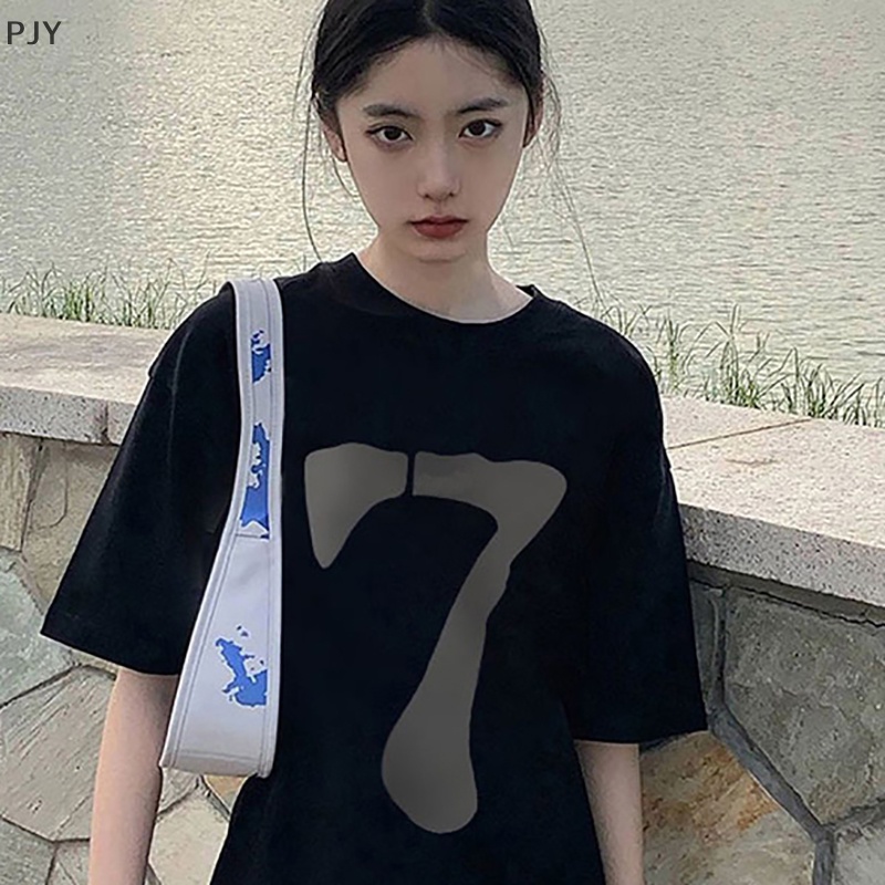 Áo Thun Ngắn Tay Cổ Tròn Dáng Rộng In Số Phong Cách Retro Mỹ Cho Nữ PJ