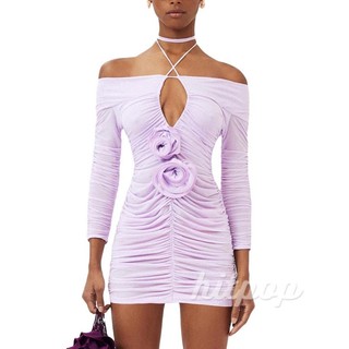 Hitpop-nữ Bodycon Đầm Dài Tay Dây Buộc Dây Xếp Ly Hoa Ôm Vừa Vặn Mini Đầm Cocktail Đầm