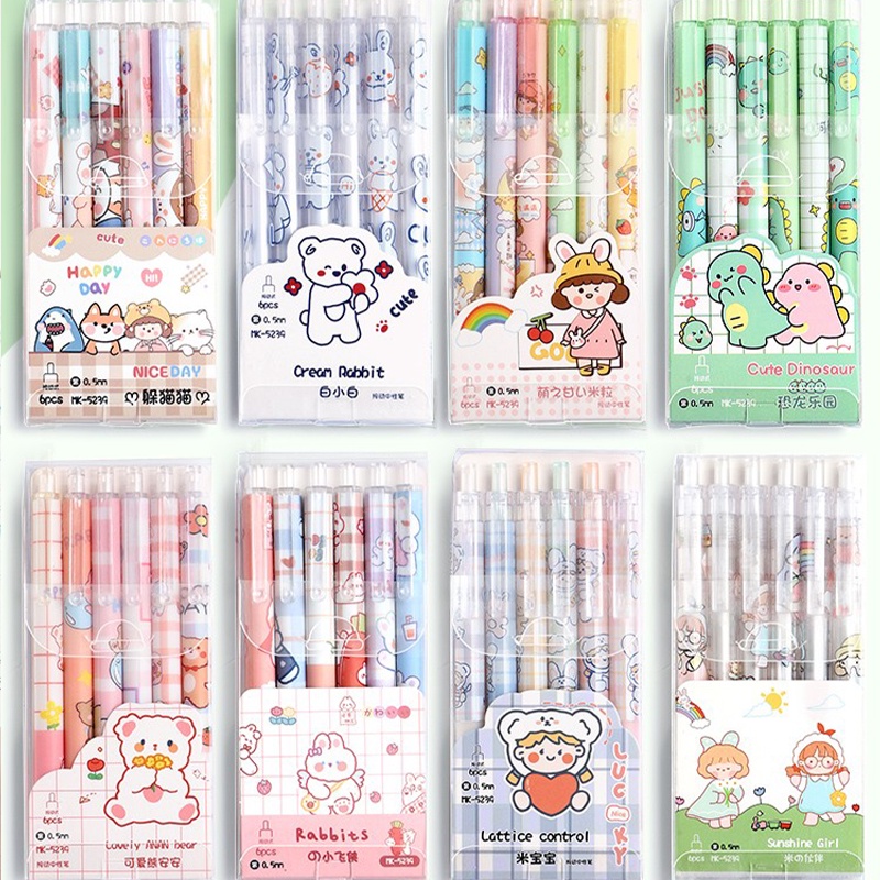 Hộp 6 Bút Mực Gel Ngòi 0.5mm In Hình Hoạt Hình Dễ Thương