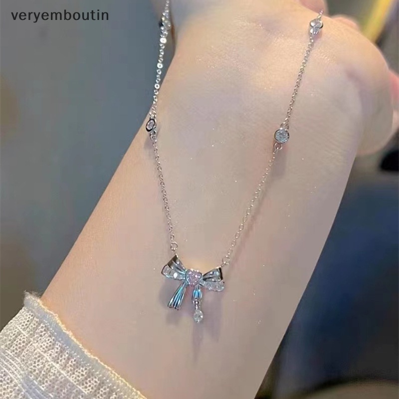 Dây Chuyền Bạc Mặt Hình Nơ / Trái Tim Đính Đá Zircon Màu Hồng Ngọt Ngào Thời Trang Cho Nữ