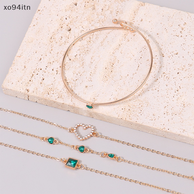 Bộ 4 Vòng Tay Đính Đá Màu Xanh Lá Thời Trang Cho Nữ