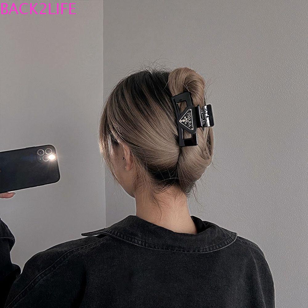 BACK2LIFE Kẹp Tóc Móng Vuốt Màu Đen Hình Tam Giác / Vuông In Chữ Đơn Giản Thời Trang