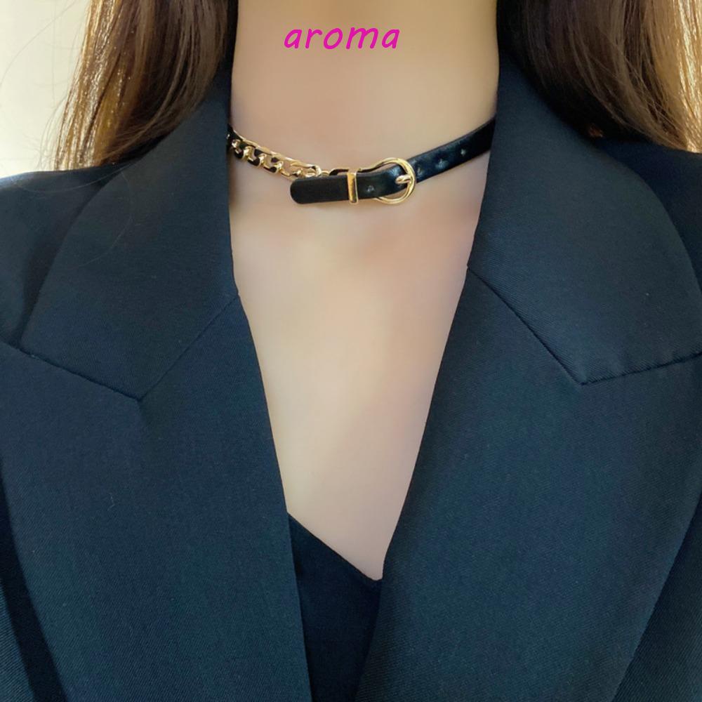 AROMA Vòng Cổ Choker Bằng Da Màu Đen Phong Cách Gothic Cho Nữ
