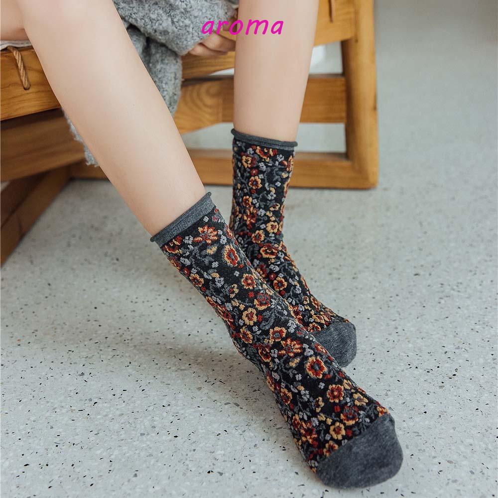 AROMA Đôi Vớ Cotton Thêu Hoa Phong Cách Hàn Quốc Thời Trang Cho Nữ