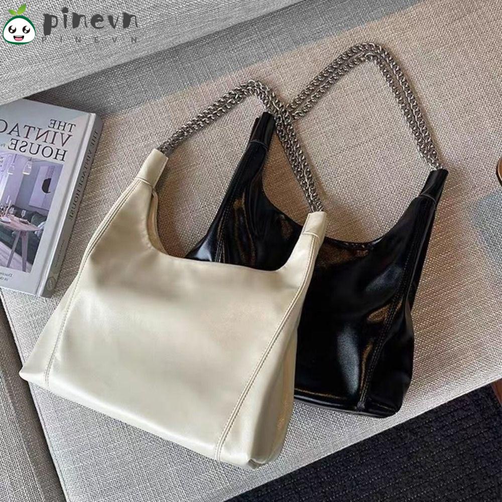 PINEVN Túi Da Pu Đeo Chéo Màu Trơn Phối Dây Xích Thời Trang