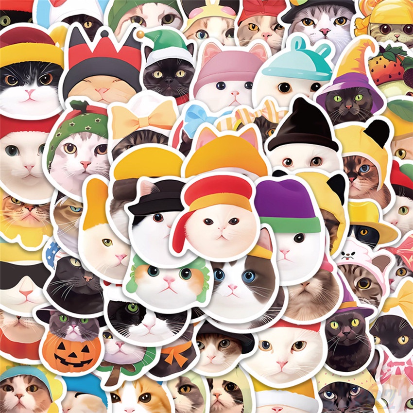 ❉ Chú Mèo Đội Mũ Ngộ Nghĩnh Đáng Yêu Miếng Dán Trang Trí Hình Mèo Dễ Thương Series 01 ❉ Bộ 55 Sticker Chống Thấm Nước Họa Tiết Doodle Hợp Thời Trang