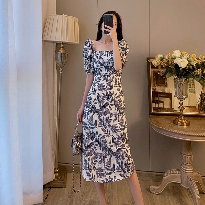 Đầm Midi Ngắn Tay Cổ Vuông Họa Tiết Hoa Phong Cách Pháp Thời Trang Mùa Hè Cho Nữ