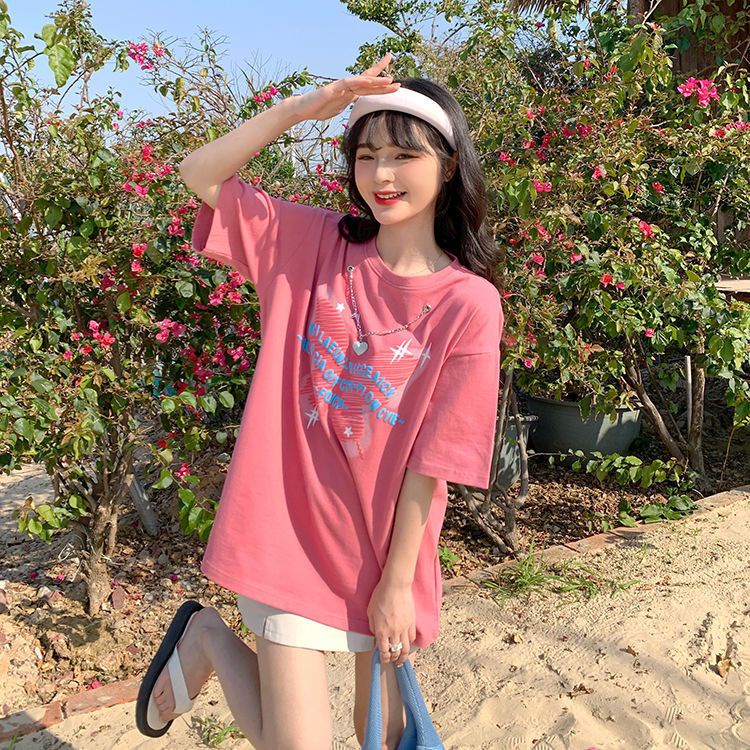 Áo Thun Ngắn Tay Dáng Rộng In Họa Tiết Phối Dây Xích Thời Trang Mùa Hè Hàn Quốc Mới Dành Cho Nữ