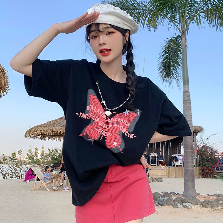 Áo Thun Ngắn Tay Dáng Rộng In Họa Tiết Phối Dây Xích Thời Trang Mùa Hè Hàn Quốc Mới Dành Cho Nữ