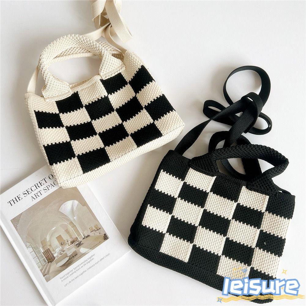 LEISURE Túi Xách Đan Len Thủ Công Mini Màu Trắng Đen Thắt Nút Cho Học Sinh