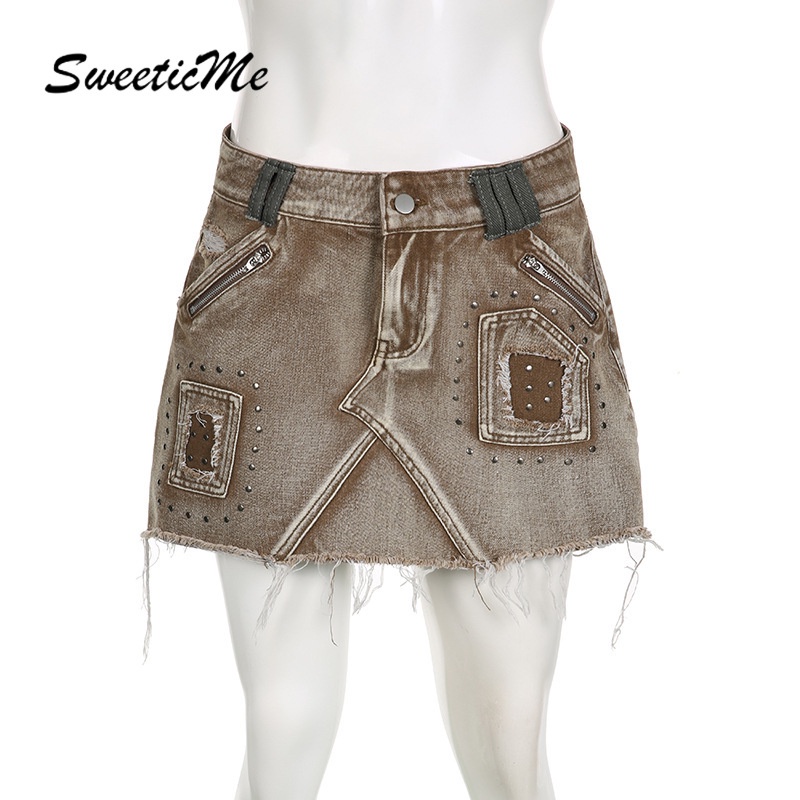 Chân váy jean Ngắn Lưng Cao Phối Khóa Kéo Đính Đinh Tán Thời Trang Đường Phố 2023 Cho Nữ