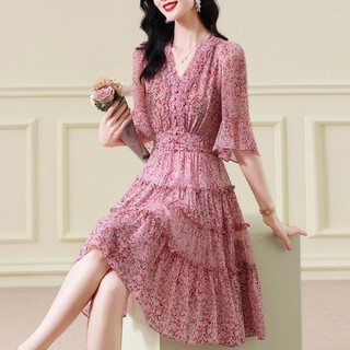 Đầm Dài Tay Xòe In Hoa Màu Hồng Thời Trang Cao Cấp Dành Cho Nữ