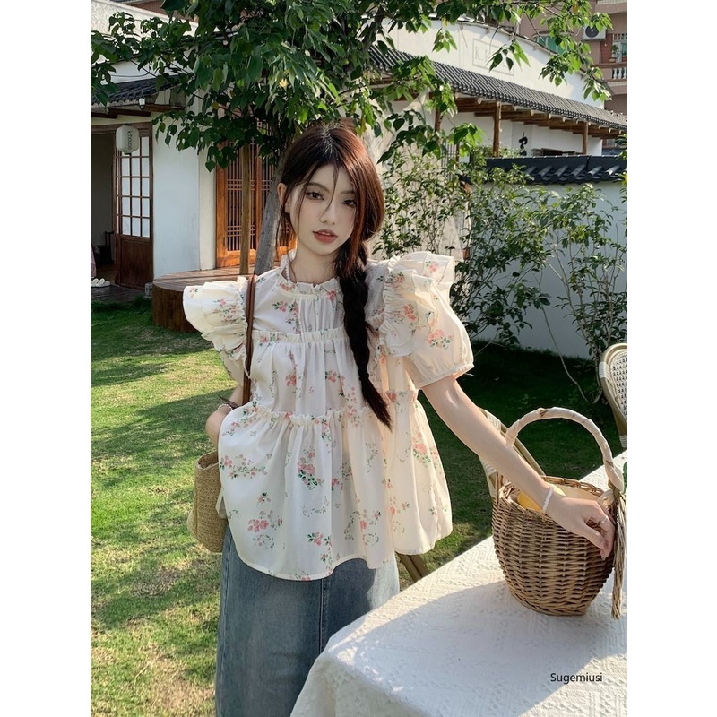 Sugemiusi Nấm Áo Sơ Mi Tay Ngắn Phồng Thêu Họa Tiết Hoa Phong Cách Mori Ngọt Ngào Thời Trang Mùa Hè Mới Cho Nữ