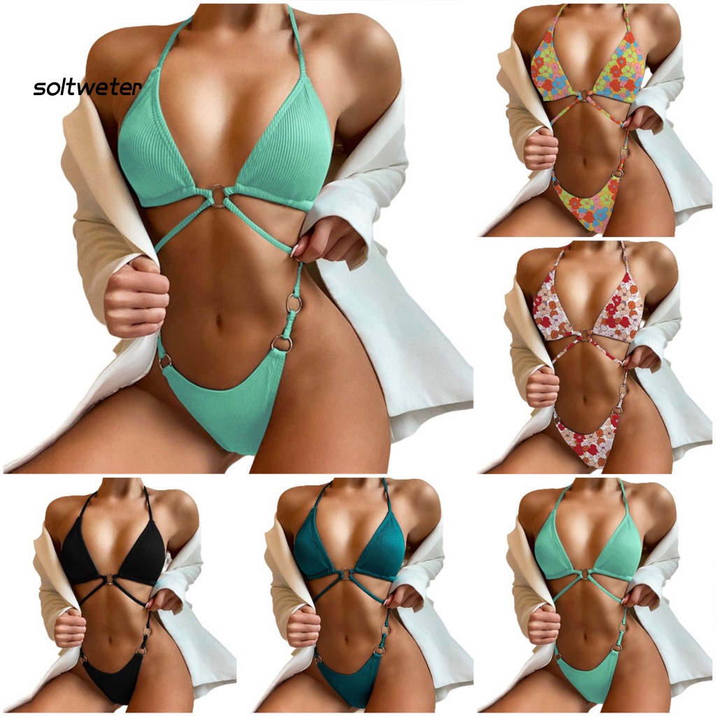 Bộ Đồ Bơi Bikini Màu Trơn Mau Khô Hở Lưng In Họa Tiết Hoa Dành Cho Nữ