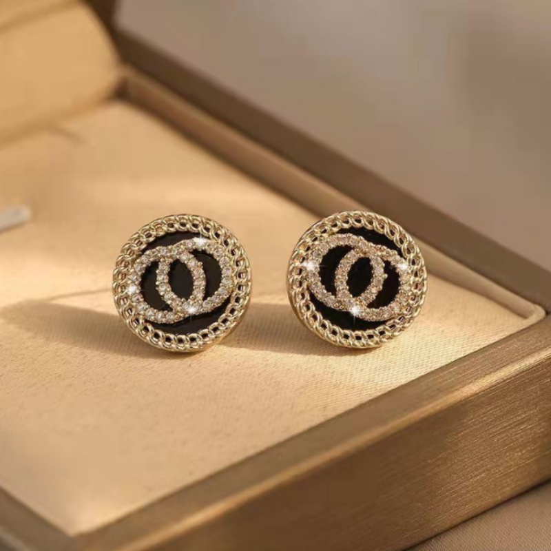 Bông Tai Mạ Bạc 925 Hình Tròn Khắc Chữ Đính Đá Pha Lê Đen Phong Cách Hàn Quốc Thời Trang Cho Nữ