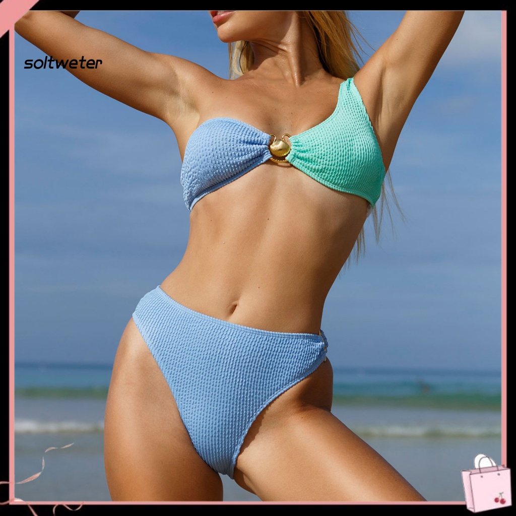 Bộ Đồ Bơi Bikini 2 Mảnh Màu Trơn Có Mút Đệm Vỏ Sò Dành Cho Nữ