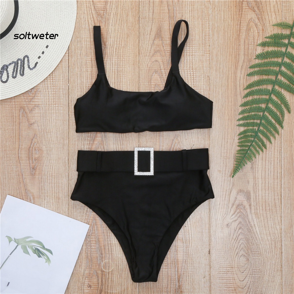 Bộ Đồ Bơi 2 Mảnh Không Tay Lưng Cao Màu Sắc Đơn Giản Cho Nữ