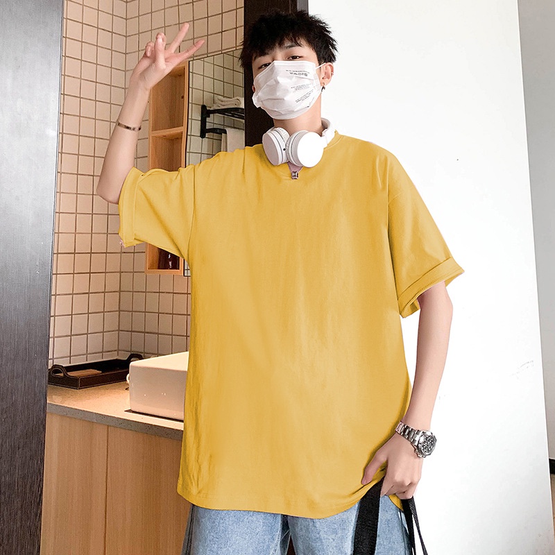 áo phông nam form rộng trắng Tay Ngắn Màu Trơn Dáng Rộng Phong Cách Hong Kong Thời Trang Mùa Hè HZFMC1801