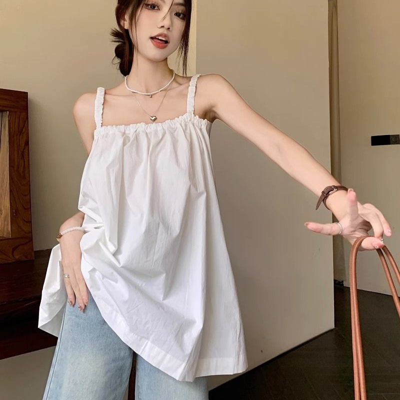 IELGY Áo Hai Dây Dáng Rộng Màu Đen Phong Cách Hàn Quốc Cho Nữ