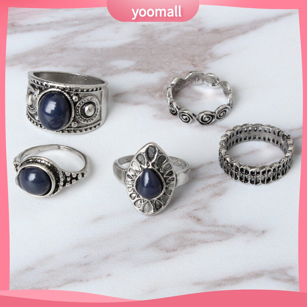 Bộ 5 Nhẫn Hợp Kim Đính Đá Xanh Phong Cách Bohemian Cổ Điển