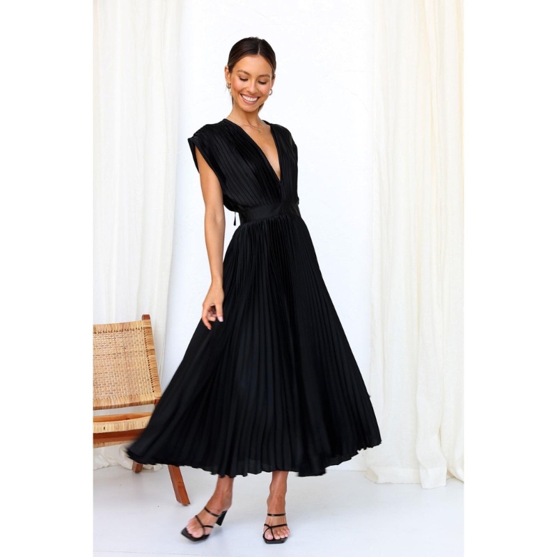 Đầm Midi Không Tay Cổ Chữ V Xếp Ly Màu Trơn Thanh Lịch Có Dây Buộc Sau Lưng