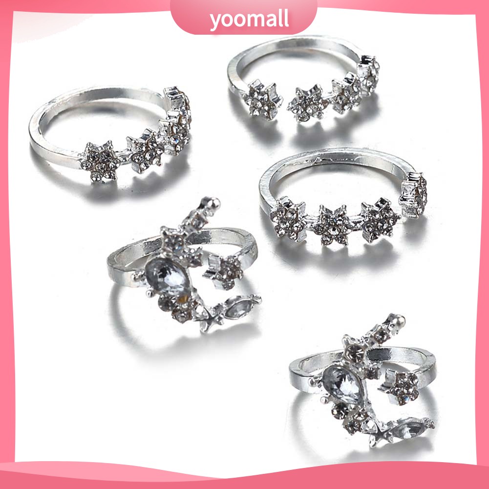 Bộ 5 Nhẫn Thời Trang Đính Đá Hình Trăng Sao Cho Nữ
