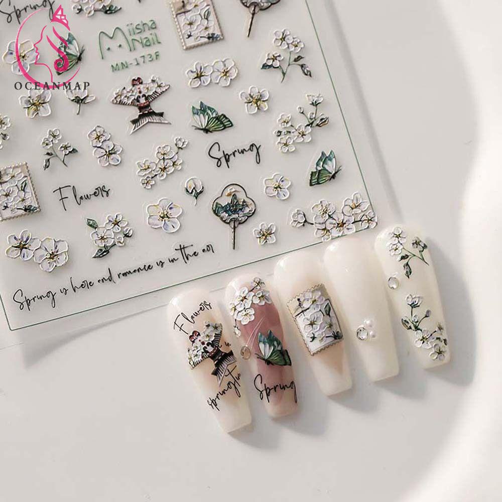 OCEANMAP Miếng Dán Trang Trí Móng Tay Họa Tiết Hoa Phong Cách Trung Quốc