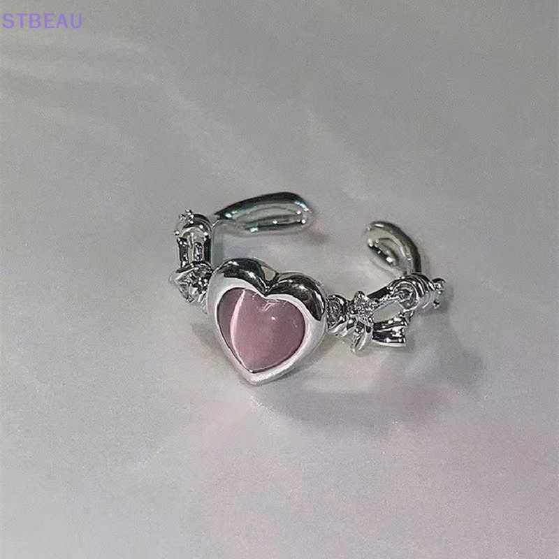 [Cxsteau] Nhẫn Hình Trái Tim Mắt Mèo Mắt Mèo Thời Trang Có Thể Điều Chỉnh Tinh Tế Quà Tặng Trang Sức Đám Cưới MME