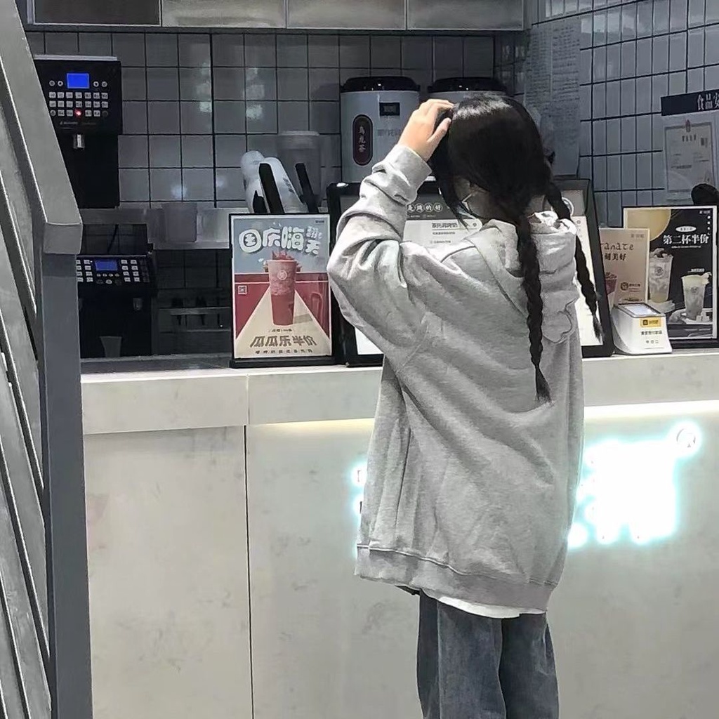 Áo Khoác Hoodie Mỏng Dáng Rộng Màu Xám Có Khóa Kéo Thời Trang Hàn Quốc Mới Cho Nữ