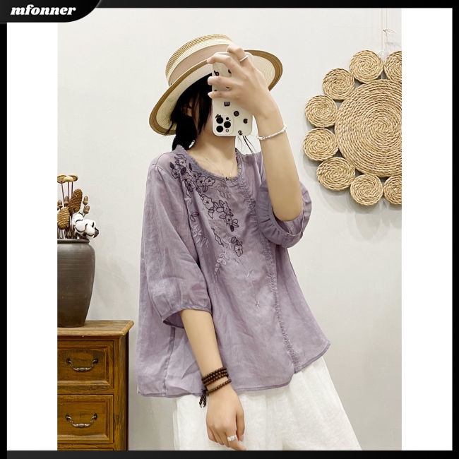Áo Sơ Mi Cotton Lanh Mỏng Dáng Rộng Tay Ngắn Cổ Tròn Thêu Họa Tiết Kiểu Retro Thời Trang Mùa Hè Cho Nữ