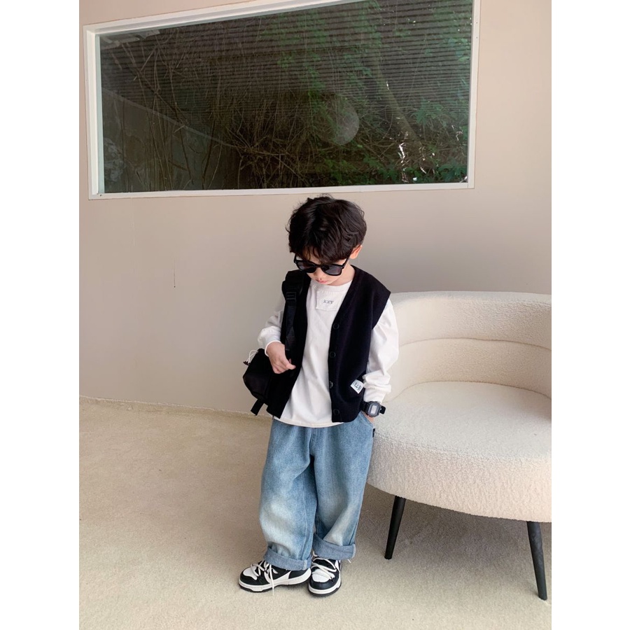 Áo Cardigan Dệt Kim Cổ Tròn Không Tay 90-150cm Phong Cách Nhật Bản Cho Bé Trai