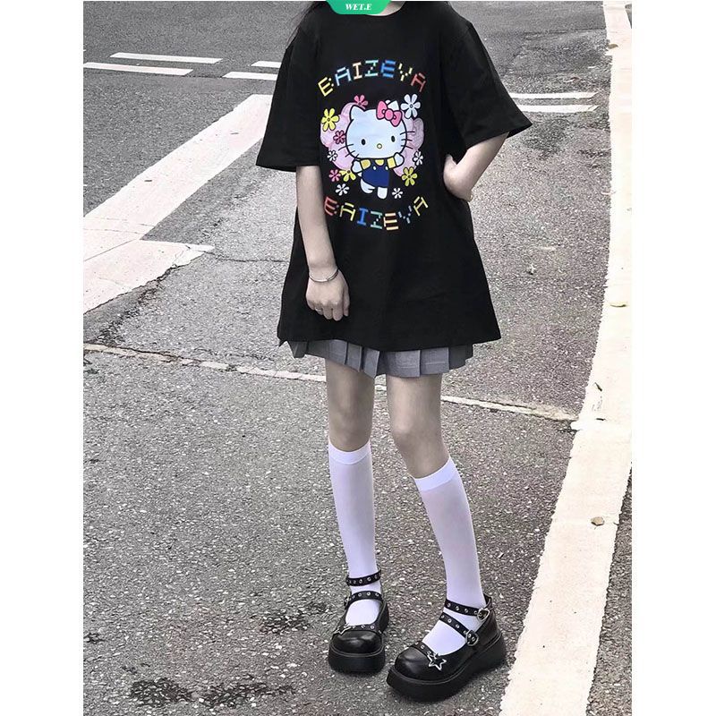 Áo Thun Ngắn Tay Dáng Rộng In Hoạt Hình Sanrio Hello Kitty Kiểu Nhật Bản Thời Trang Mùa Hè Cho Nữ