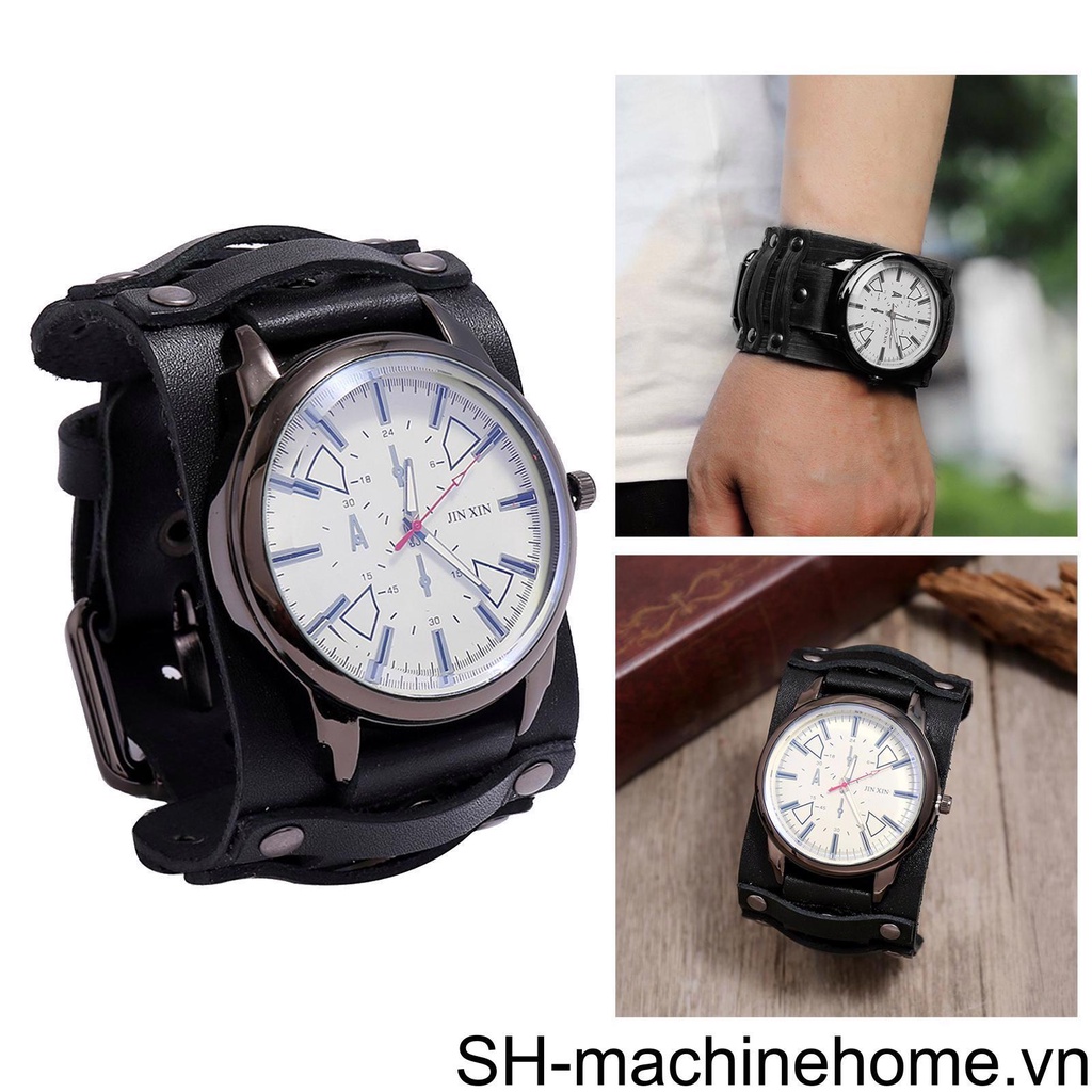 (runbu) Đồng Hồ Đeo Tay Dây Da Bản Rộng Phong Cách Punk Retro Có Thể Điều Chỉnh