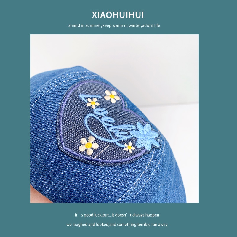 Mũ Beret Denim Mỏng Thêu Hình Trái Tim Phong Cách Hàn Quốc Ngọt Ngào Cho Nữ
