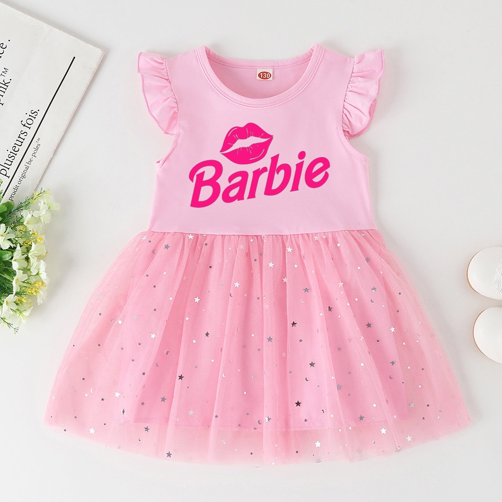 Barbie In Hình Bé Gái loe Tay Áo Công Chúa Barbie Thời Trang Bé Gái Ruffle Đầm Sinh Nhật Quần Áo Cho Bé Gái