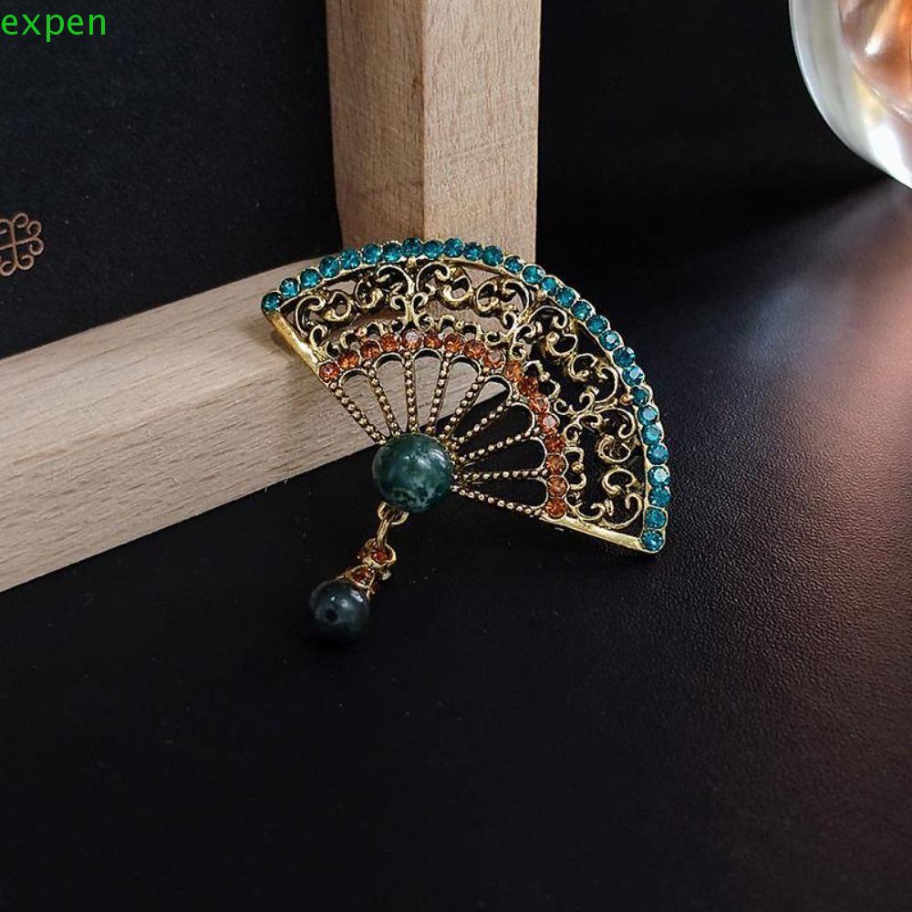 EXPEN Ghim Cài Áo Hình Quạt Tráng Men Đính Đá Phong Cách Trung Hoa