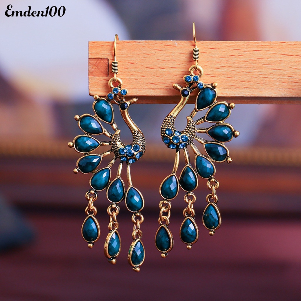 1 Đôi Bông Tai Dài Hình Chim Công Đính Đá