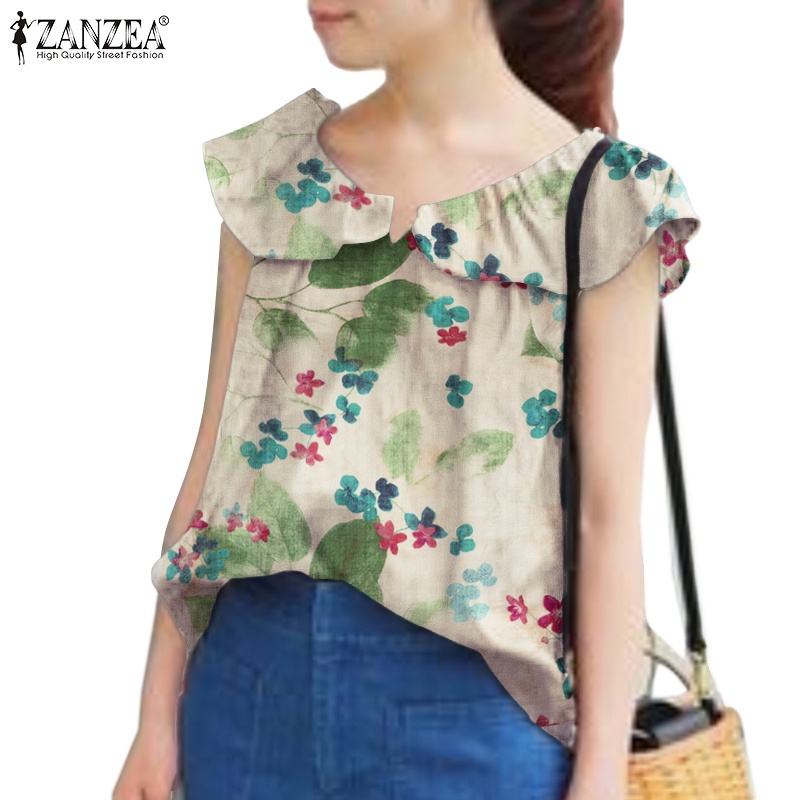 ZANZEA Áo Kiểu Nữ Cổ Chữ V Tay Phồng In Hoa Thời Trang Hàn Quốc