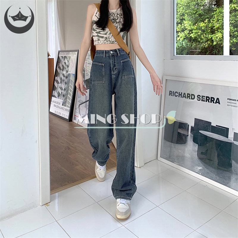 Quần Jean Ống Rộng Lưng Cao Thời Trang 2023 Dành Cho Nữ