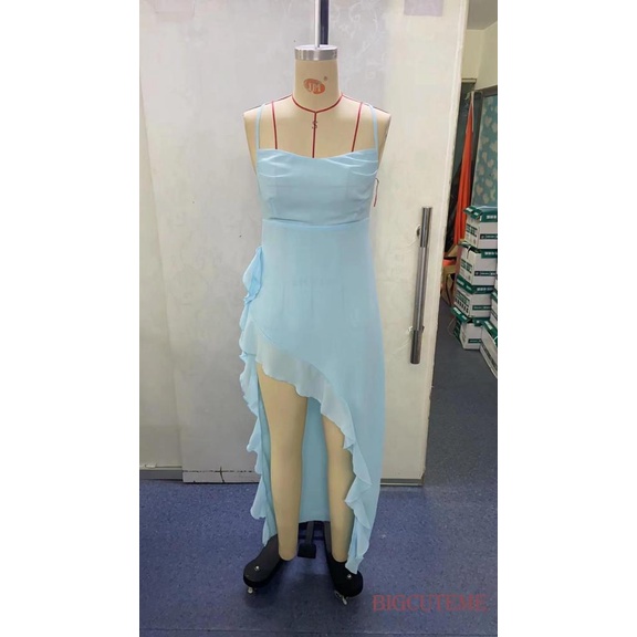 [] - Đầm Dài Hai Dây Không Tay Nhún Bèo Màu Xanh Dương Đi Tiệc Mùa Hè Cho Nữ