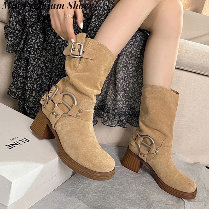 Giày Bốt Cao Bồi Mũi Vuông Cao Gót Màu Nâu Phong Cách vintage Phương Tây Ngọt Ngào