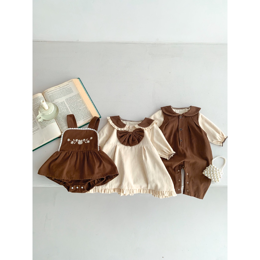 Bộ Áo Liền Quần Kèm Quần Yếm Đính Nơ Thời Trang Mùa Thu Cho Bé Gái