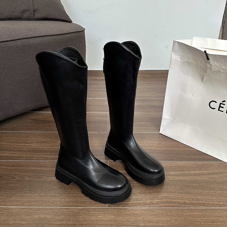 Giày Bốt Da PU Gót Vuông Mũi Tròn Thoáng Khí Thiết Kế Đơn Giản Hợp Thời Trang