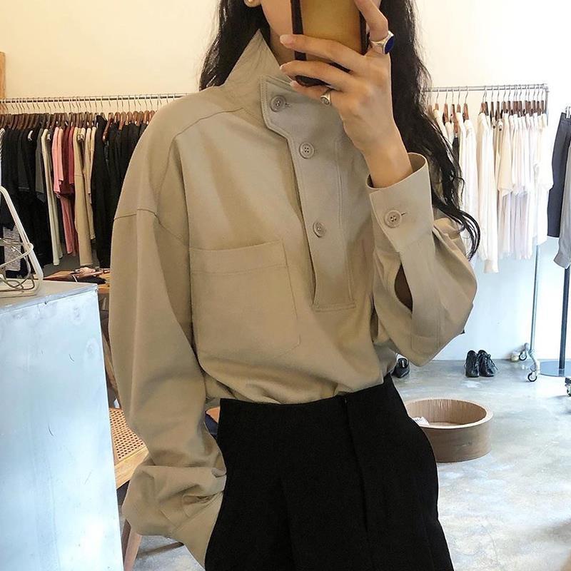 G-Fashion Áo Sơ Mi Nữ Tay Dài Cổ Cao Dáng Rộng Phong Cách Hàn Quốc Thời Trang Mùa Thu