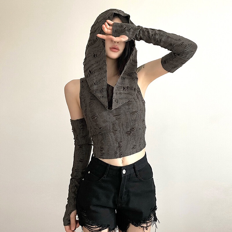 Áo Croptop Sát Nách Màu Xám Trơn Dáng Ôm Khoét Rỗng Kiểu Vintage Thời Trang Mùa Hè Cho Bạn Gái