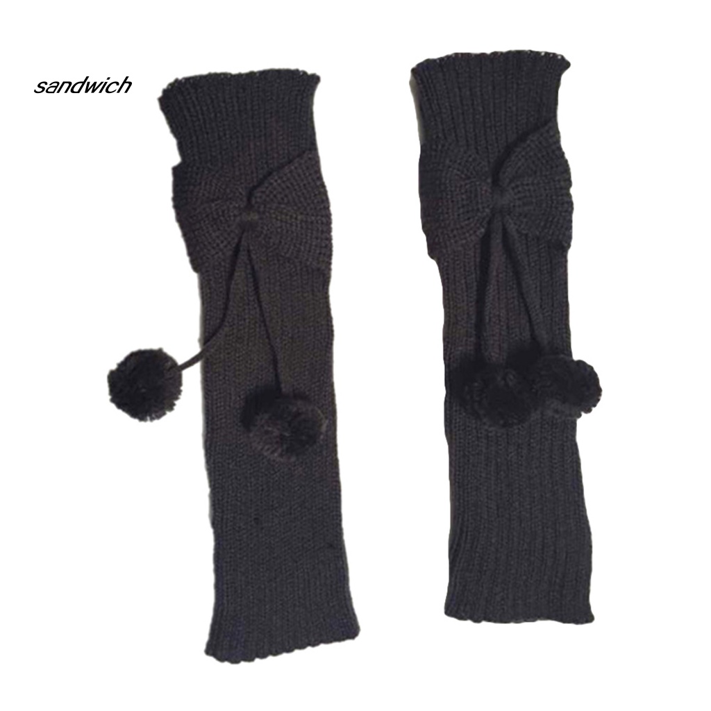 Vớ Ống Chân Dệt Kim Giữ Ấm Màu Trơn Đính Nơ Và Bóng Lông Dễ Thương Cho Bé Gái