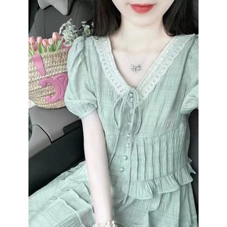 Bộ Áo Tay Phồng Cổ Chữ V Phối Ren + Chân Váy Dáng Rộng Thời Trang Mùa Hè Phong Cách Mori Cổ Điển